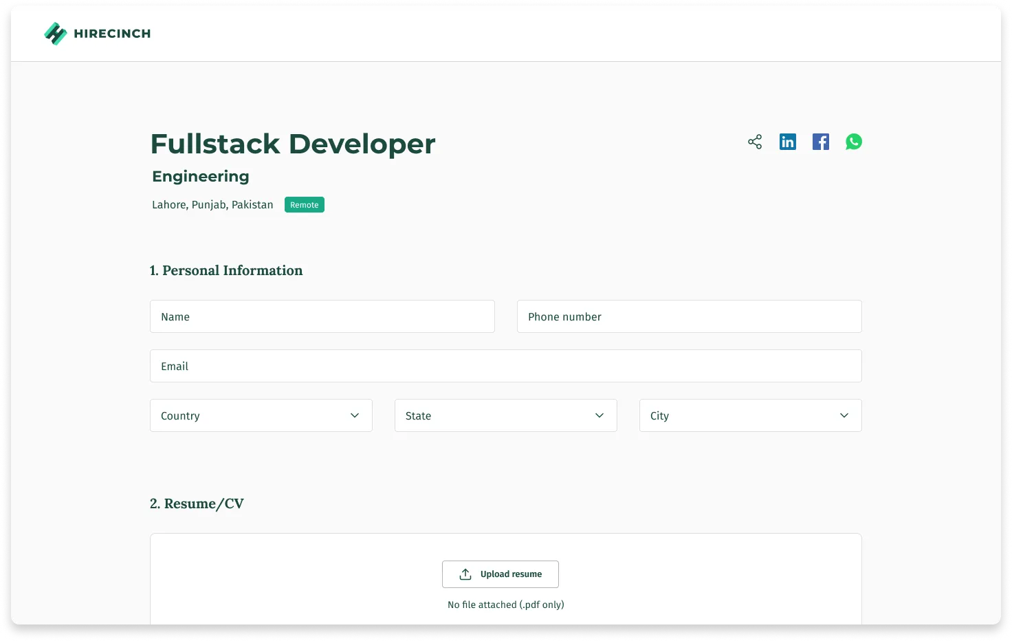HireCinch application form