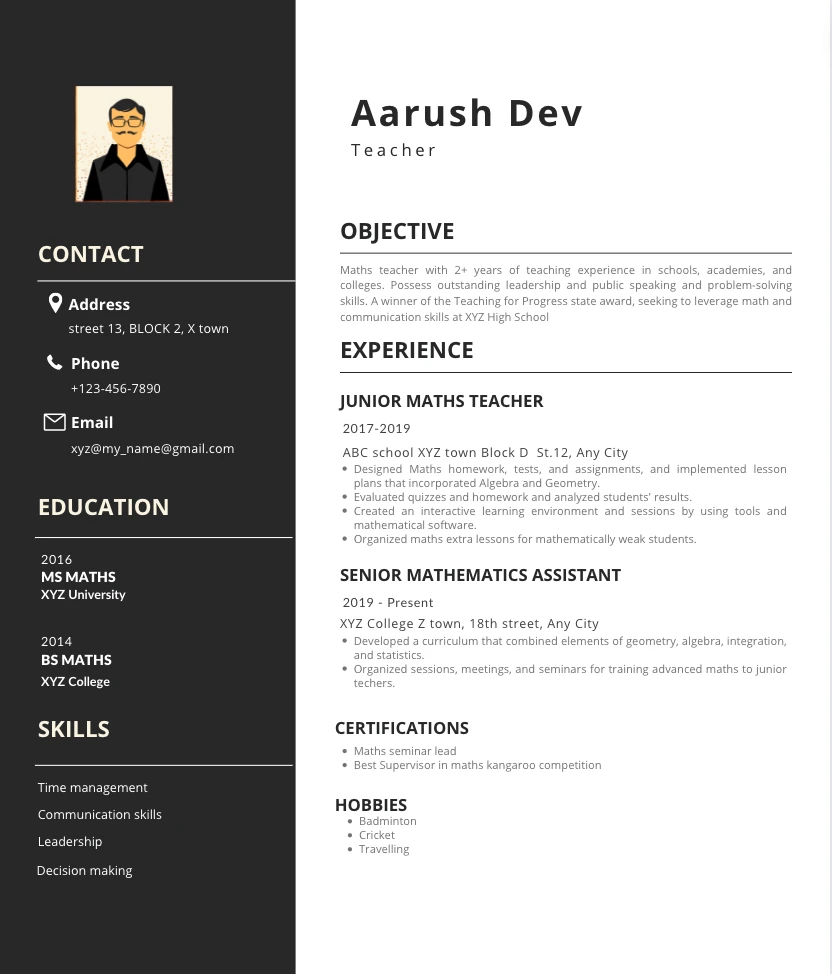 A maths teacher CV